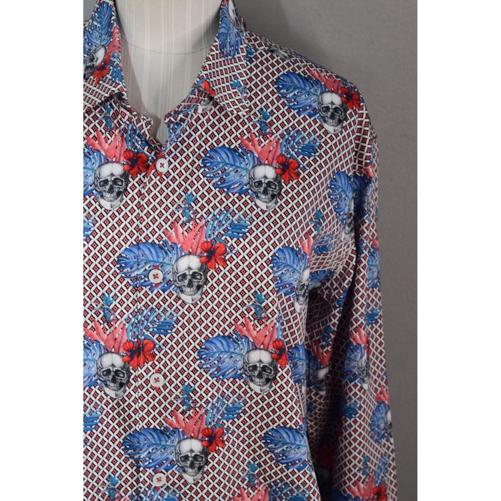 Maceoo Onacci Tropical Skull Shirt 4 Large Fibonacci Red Blue Floral Men Button